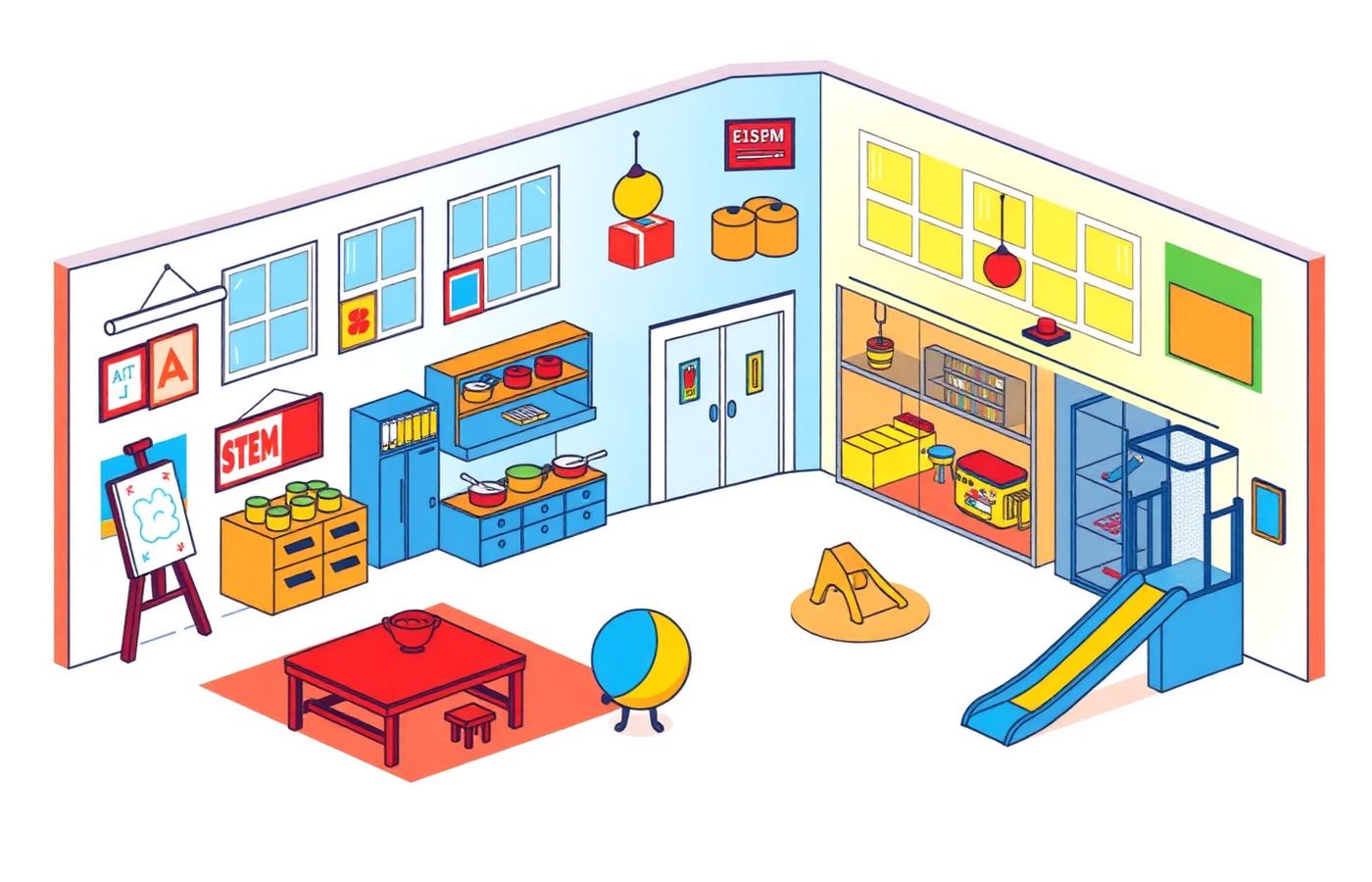 Cutaway view of the school facility showing art, STEM, culinary, gym and play spaces