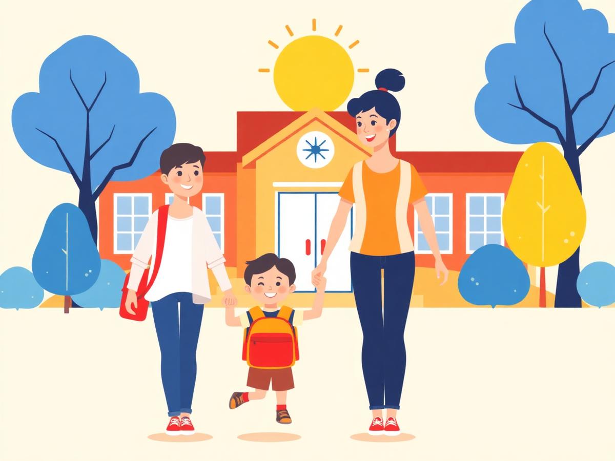 A parent and child holding hands walking toward a friendly school building